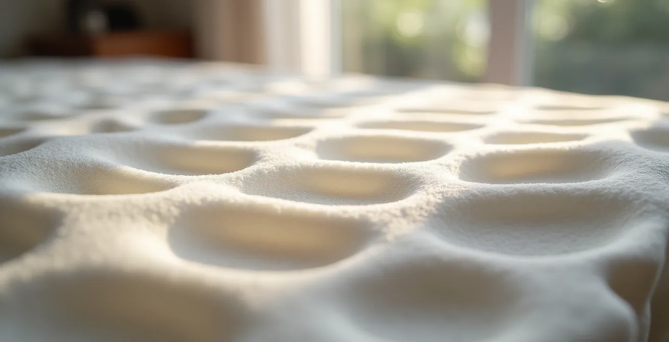 Gros plan sur la texture alvéolée d'une mousse de matelas montrant les micro-perforations pour la circulation d'air